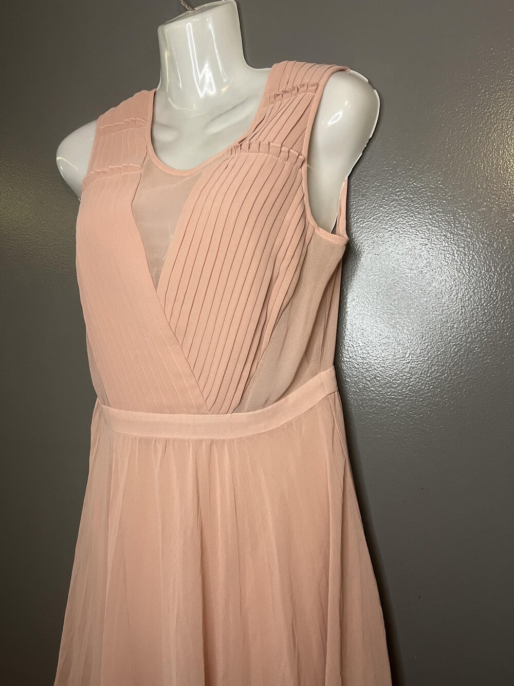 BCBGMAXAZRIA Deborah Dress Womens 4 Pink Pleated V Neck Chiffon Fit & Flare Midi - Picture 6 of 14